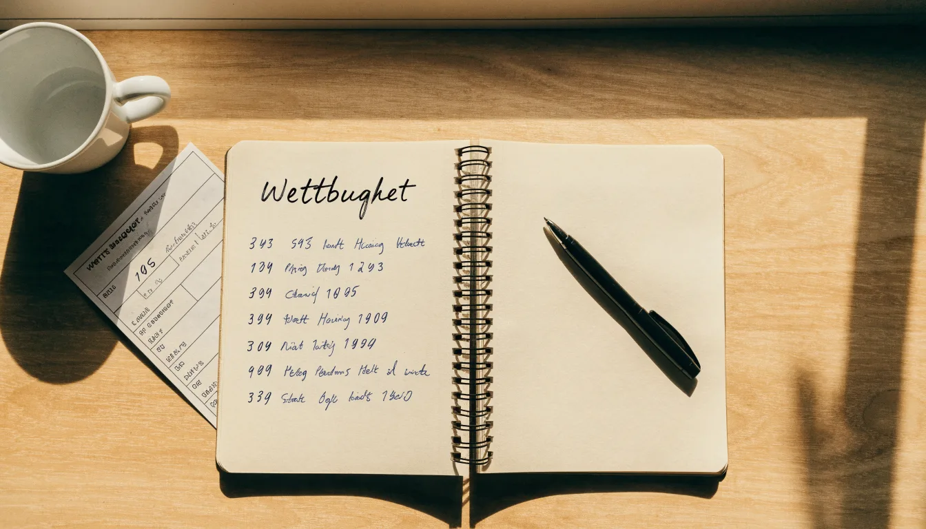 Ein aufgeschlagenes Notizbuch mit handschriftlichen Notizen und ein Kugelschreiber liegen auf einem hellen Schreibtisch neben einer Kaffeetasse.