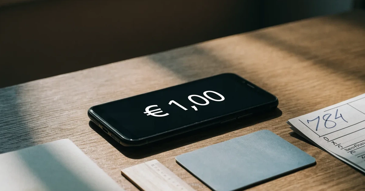 Ein Smartphone liegt mit dem Display nach unten auf einem Holztisch, daneben ein paar Euro-Münzen und eine unbeschriftete Plastikkarte im Morgenlicht.