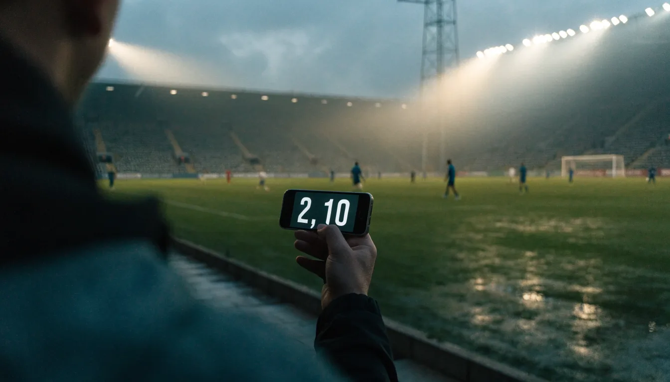 Ein Fußballplatz mit Flutlichtmasten in der Abenddämmerung, aus der Ferne gesehen, leere Tribünen und nasser Rasen unter bewölktem Himmel.