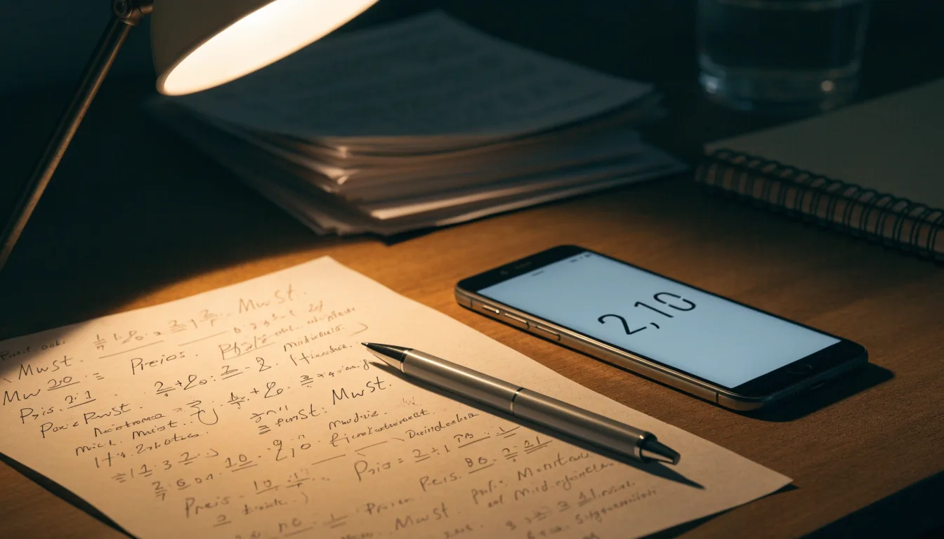 Ein Taschenrechner und ein Blatt Papier mit handschriftlichen Notizen liegen auf einem Schreibtisch unter dem warmen Licht einer Lampe.