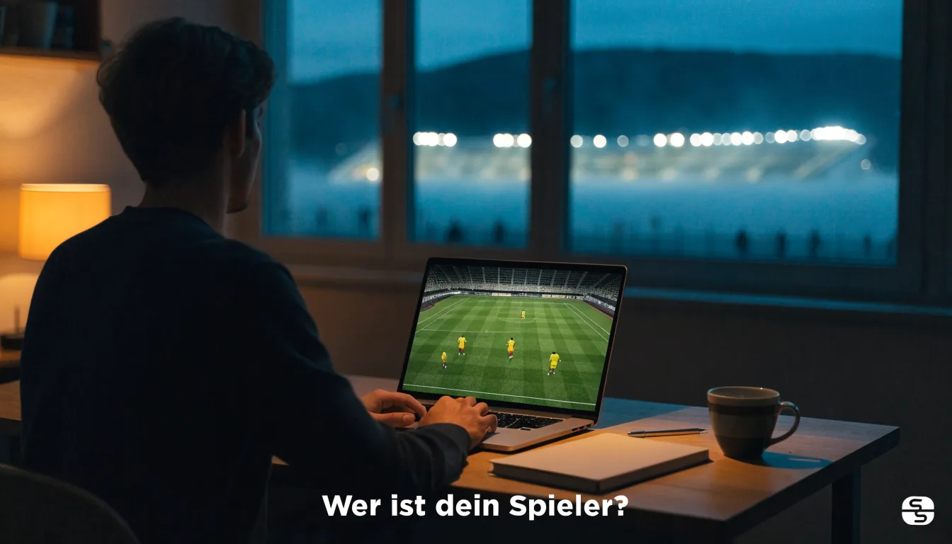 Ein Stadion unter Flutlicht bei Nacht, von einem Hügel aus der Ferne betrachtet, mit Dunst über dem Spielfeld.