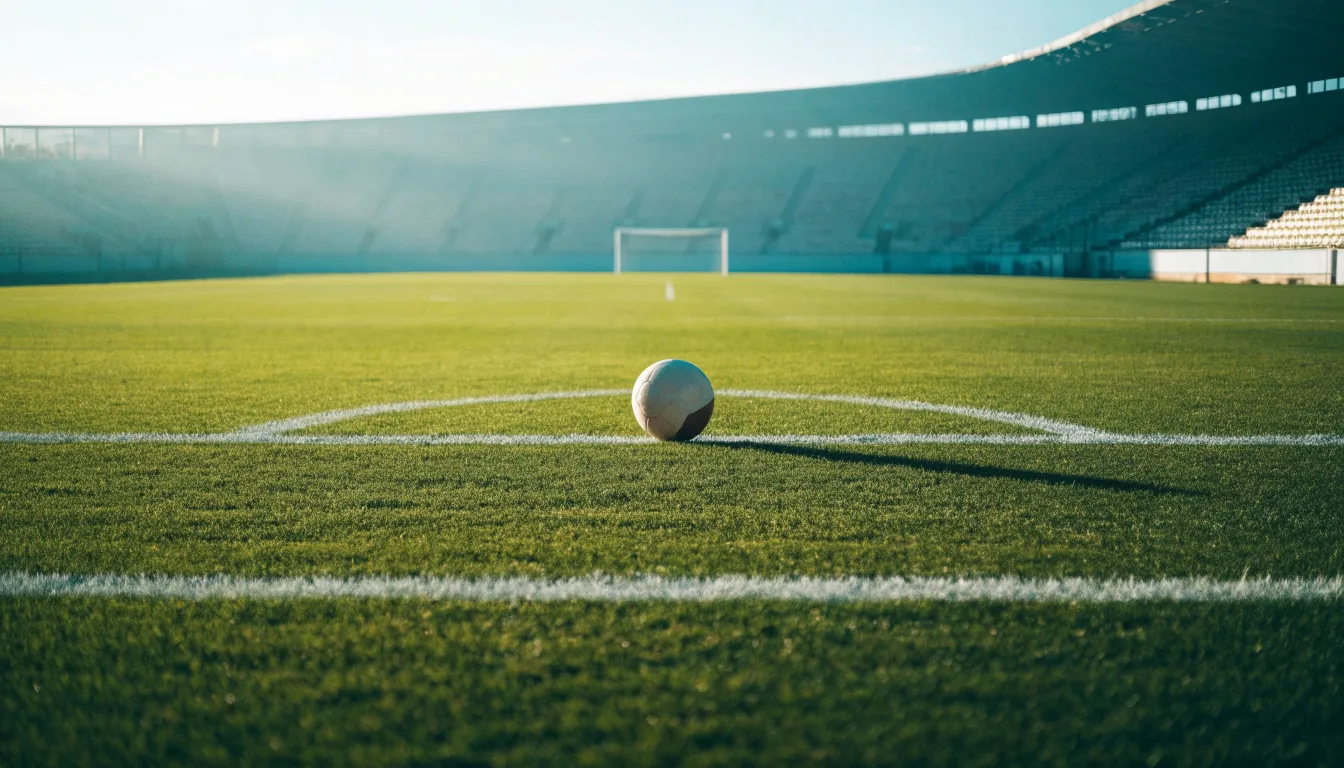 Ein Fußball liegt auf dem Elfmeterpunkt eines leeren Rasenplatzes, im Hintergrund eine Tribüne im Dunst.