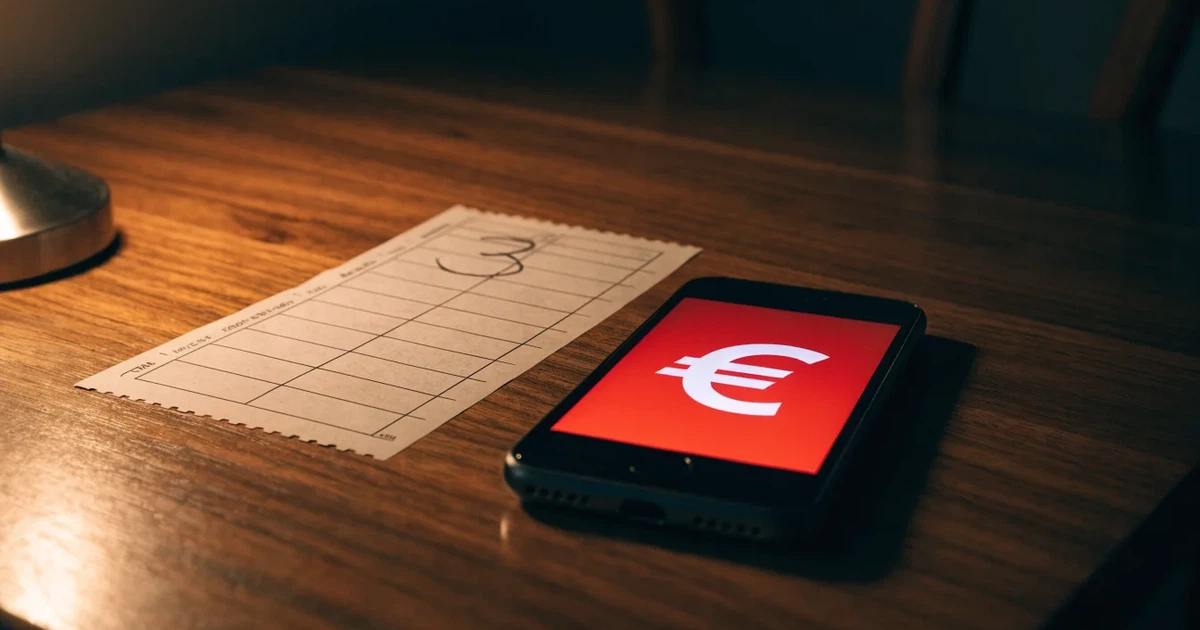 Ein leerer Wettschein aus Papier liegt neben einem Stapel Euro-Münzen auf einem dunklen Holztisch, seitlich von einer Schreibtischlampe beleuchtet.