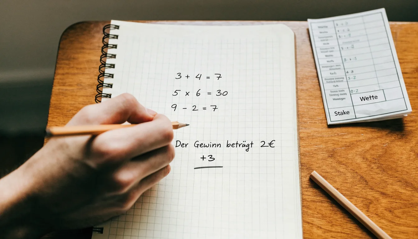 Eine Hand schreibt mit Bleistift Rechenschritte in ein kariertes Heft, daneben liegen ein Radiergummi und ein Taschenrechner.