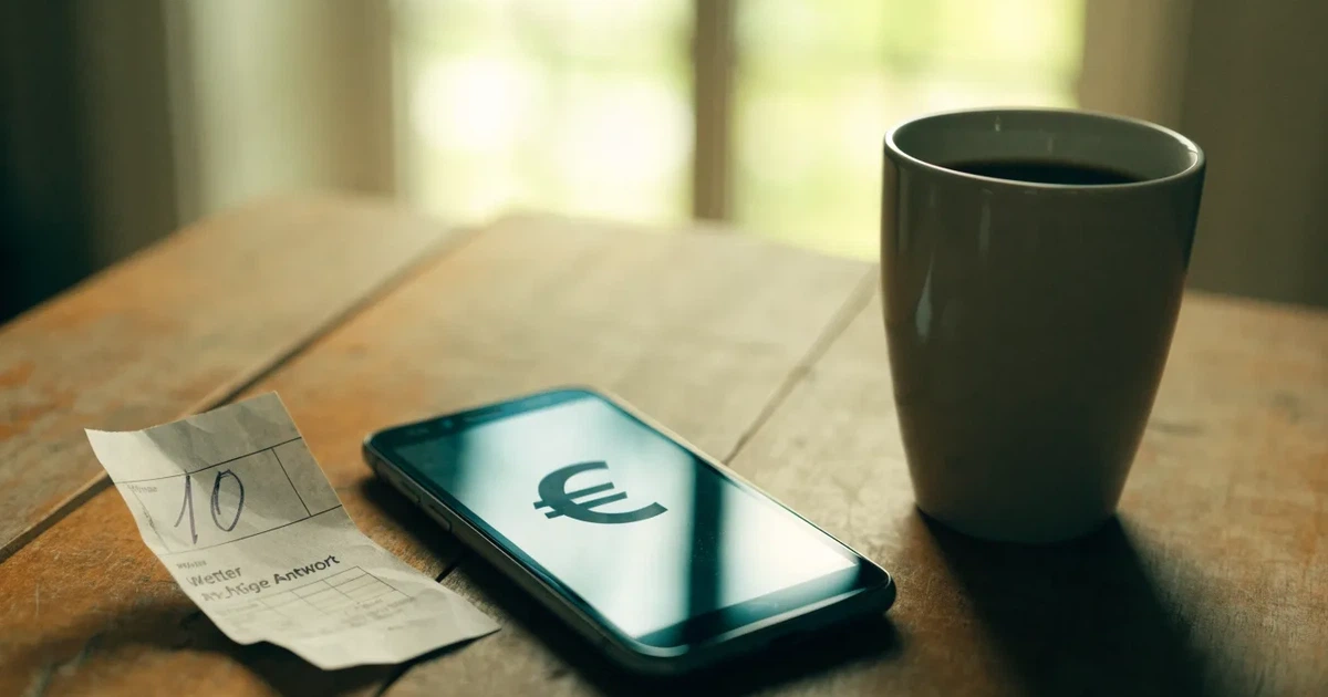 Zwei Euro-Scheine und ein Smartphone liegen auf einem Holztisch neben einer Tasse, im Hintergrund ein unscharfes Fenster.