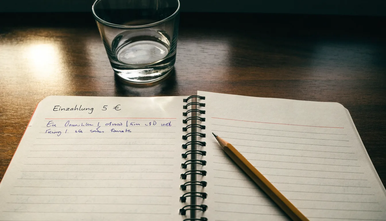 Ein aufgeschlagenes Heft mit handschriftlichen Notizen und ein Bleistift liegen auf einem Schreibtisch, daneben ein Glas Wasser.