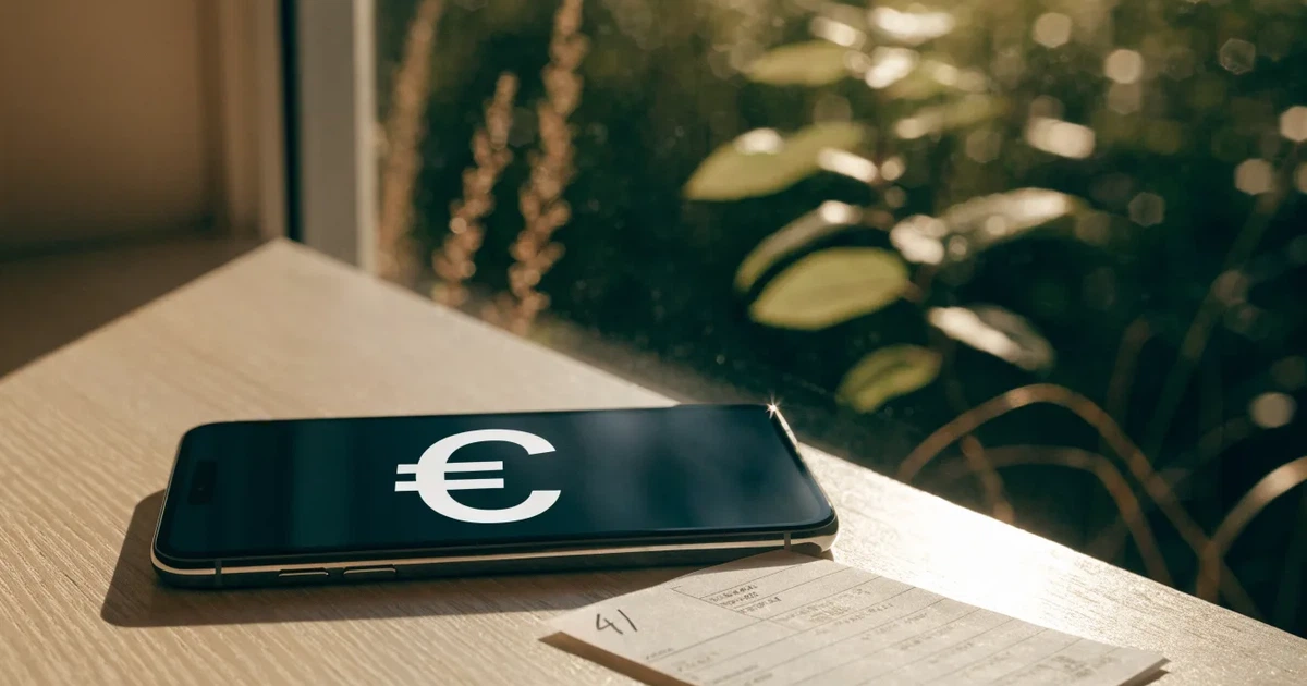 Eine Geldbörse aus Leder liegt geöffnet neben einem Smartphone auf einer Fensterbank, im Hintergrund ein Garten im Gegenlicht.