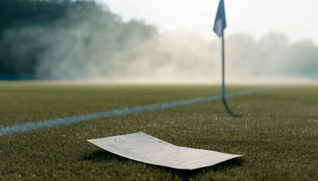 Der Rand eines Spielfelds mit weißer Linie und Eckfahne bei Nebel am frühen Morgen, ohne Menschen.