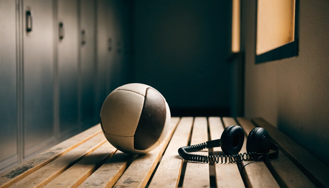 Ein Fußball liegt neben Kopfhörern auf einer Holzbank in einer Umkleide, Licht fällt durch ein schmales Fenster.