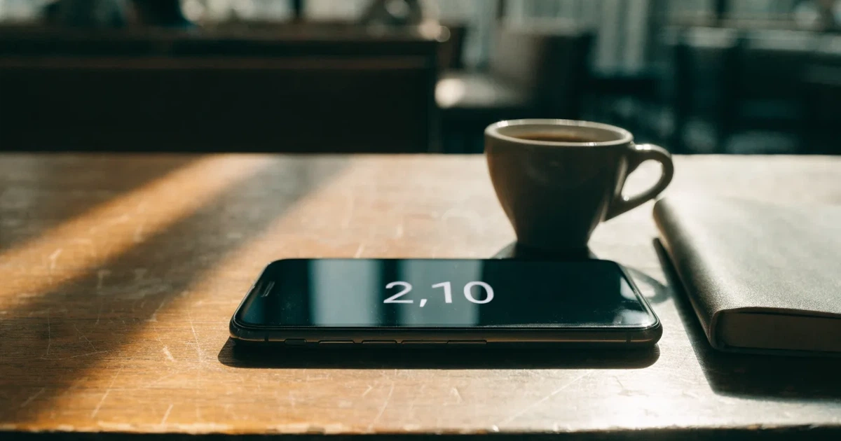 Ein Smartphone mit dunklem Bildschirm liegt auf einem Tisch in einem Café, daneben eine Tasse und ein Notizbuch.