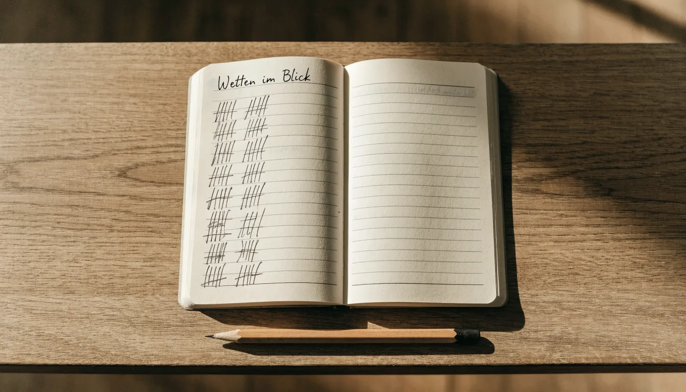 Ein handschriftlich geführtes Heft mit Strichlisten liegt neben einem Bleistift auf einem Tisch, seitlich fällt Tageslicht herein.