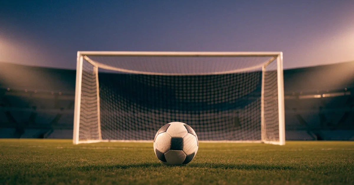 Ein Fußball liegt im Strafraum direkt vor dem Tor mit Netz, im Hintergrund leere Ränge bei Dämmerung.