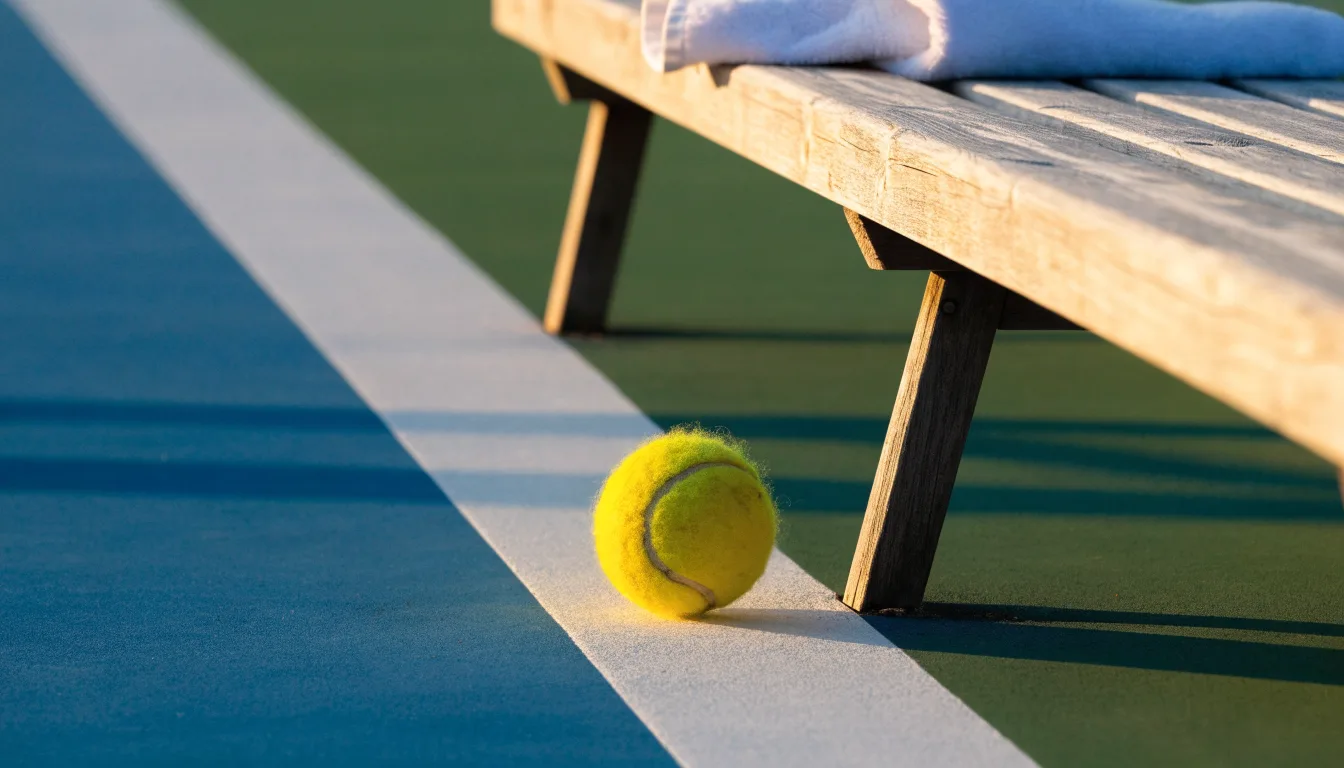 Ein gelber Tennisball liegt auf einer weißen Linie, daneben ein Handtuch auf einer Bank am Spielfeldrand.