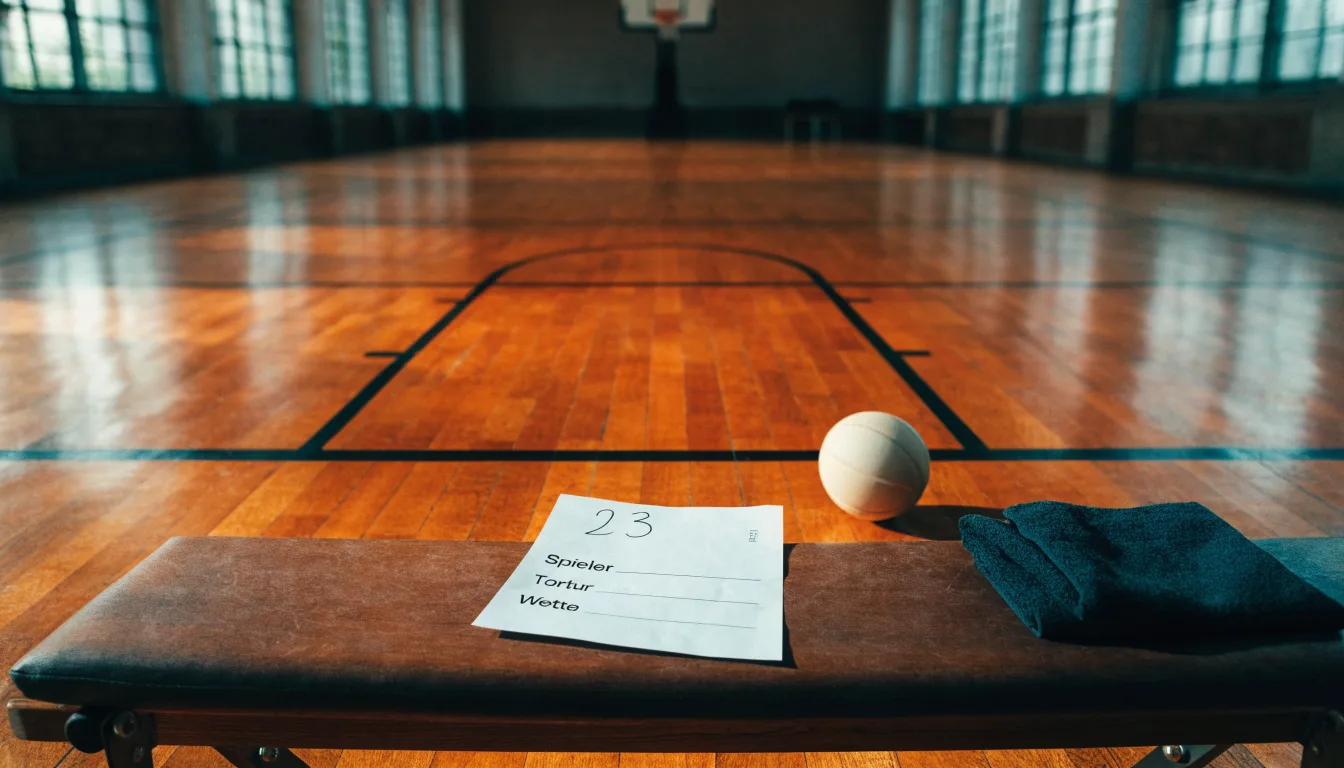 Ein Basketball liegt auf der Freiwurflinie einer Halle, im Vordergrund ein Handtuch auf einer Bank.