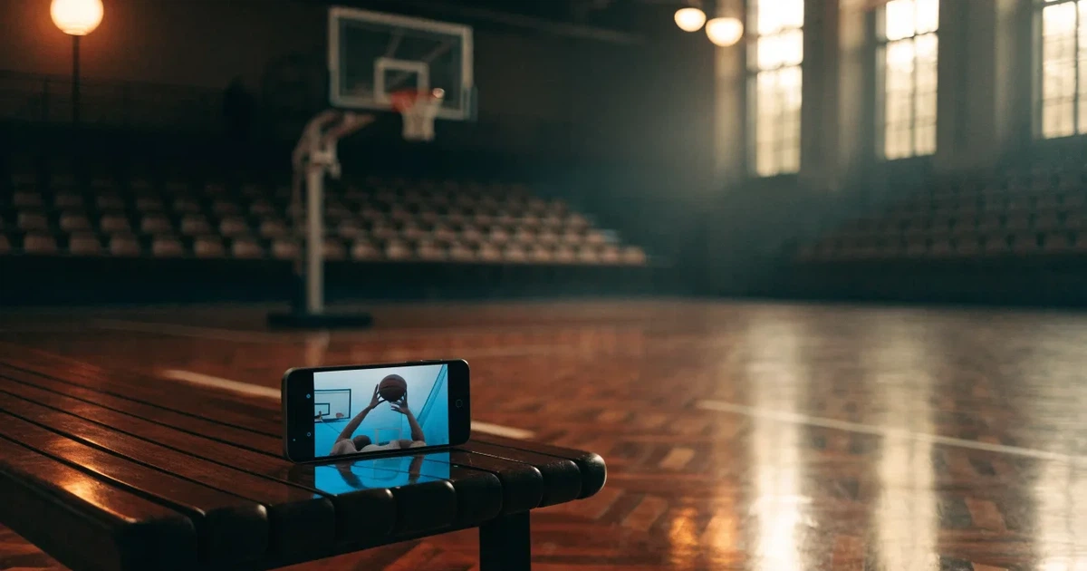 Eine leere Basketballhalle mit glänzendem Parkett und einem Korb im Hintergrund, Licht von Deckenstrahlern spiegelt sich im Boden.