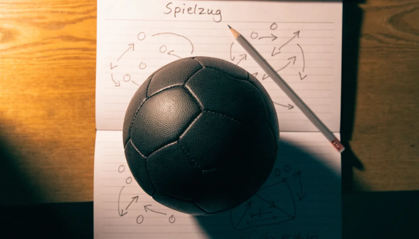 Ein Fußball liegt auf einem Notizbuch mit handgezeichneten Skizzen von Spielzügen, aufgenommen von oben auf einem Holztisch.