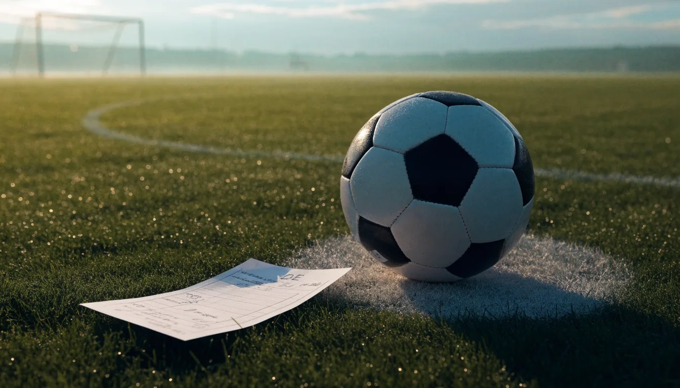 Ein Fußball liegt auf dem Anstoßpunkt eines Rasens bei Sonnenaufgang, Tau glitzert auf den Halmen.