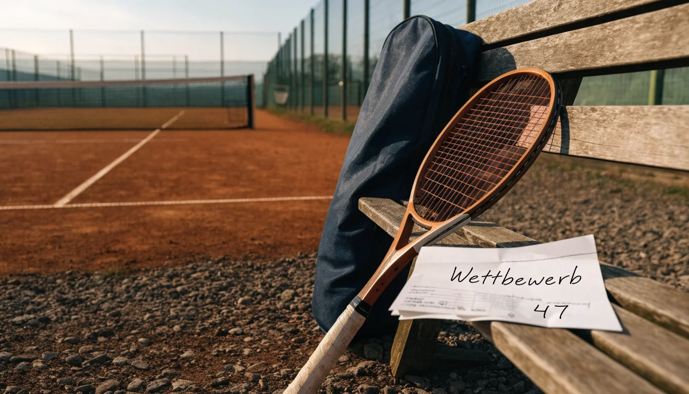 Ein Tennisschläger lehnt an einer Bank neben einer Sporttasche, im Hintergrund ein leerer Platz.
