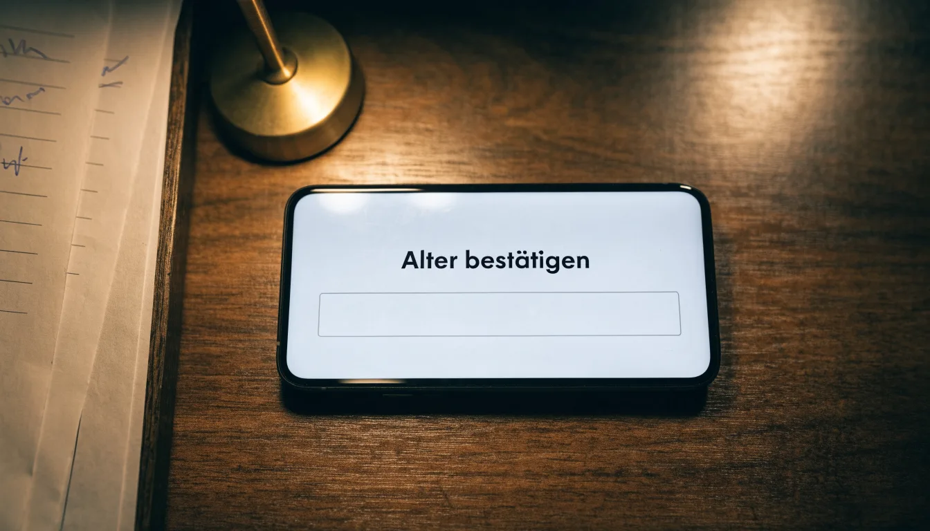 Eine Waage aus Messing und ein geschlossener Ordner ohne Beschriftung stehen neben einer Tischlampe auf einem Schreibtisch.