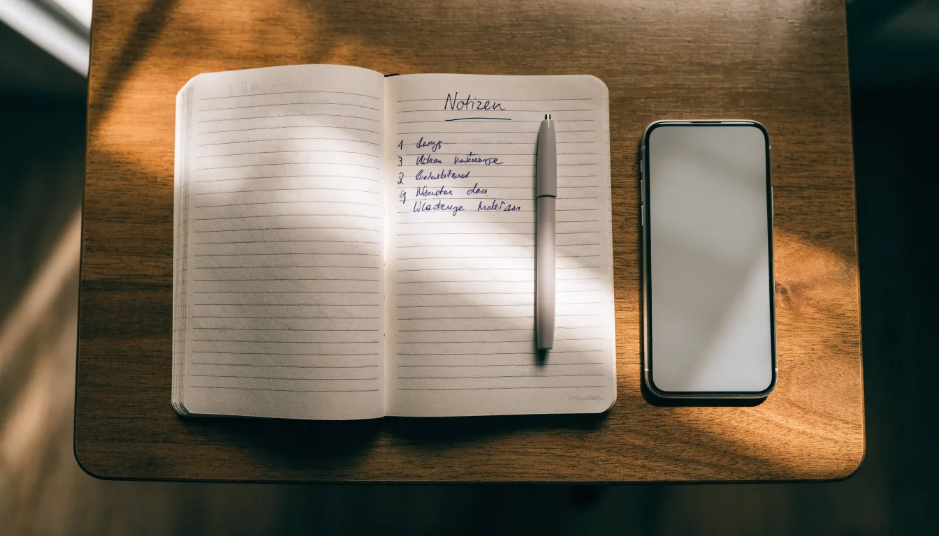 Ein Notizbuch mit handschriftlichen Notizen und ein Kugelschreiber liegen neben einem Smartphone mit dunklem Display auf einem Holztisch.