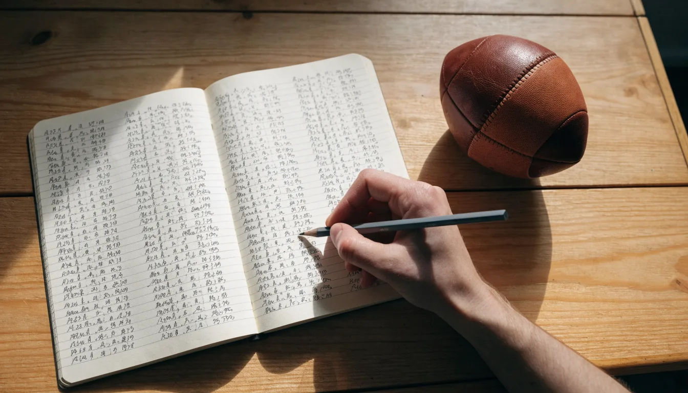 Eine Hand notiert mit Bleistift Zahlen in ein kariertes Heft, daneben liegt ein kleiner Lederfußball auf einer Holzplatte.