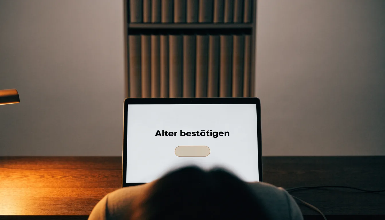 Eine Balkenwaage aus Messing steht auf einem dunklen Holztisch vor einer Bücherwand, gedämpftes Licht, keine lesbare Beschriftung.