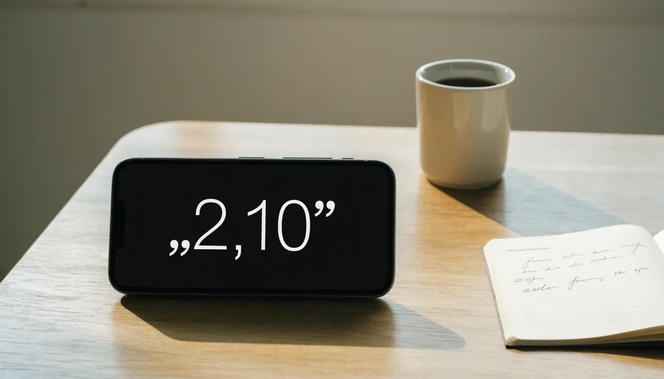 Ein Smartphone mit dunklem Display liegt neben einer Kaffeetasse und einem Notizblock auf einem hellen Tisch.
