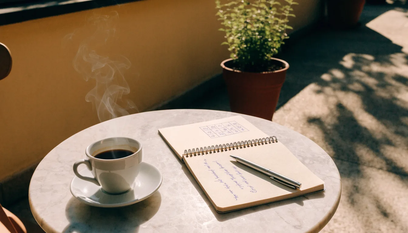 Eine Espressotasse steht auf einem kleinen Marmortisch einer Terrasse, daneben ein Notizheft mit handschriftlichen Skizzen.