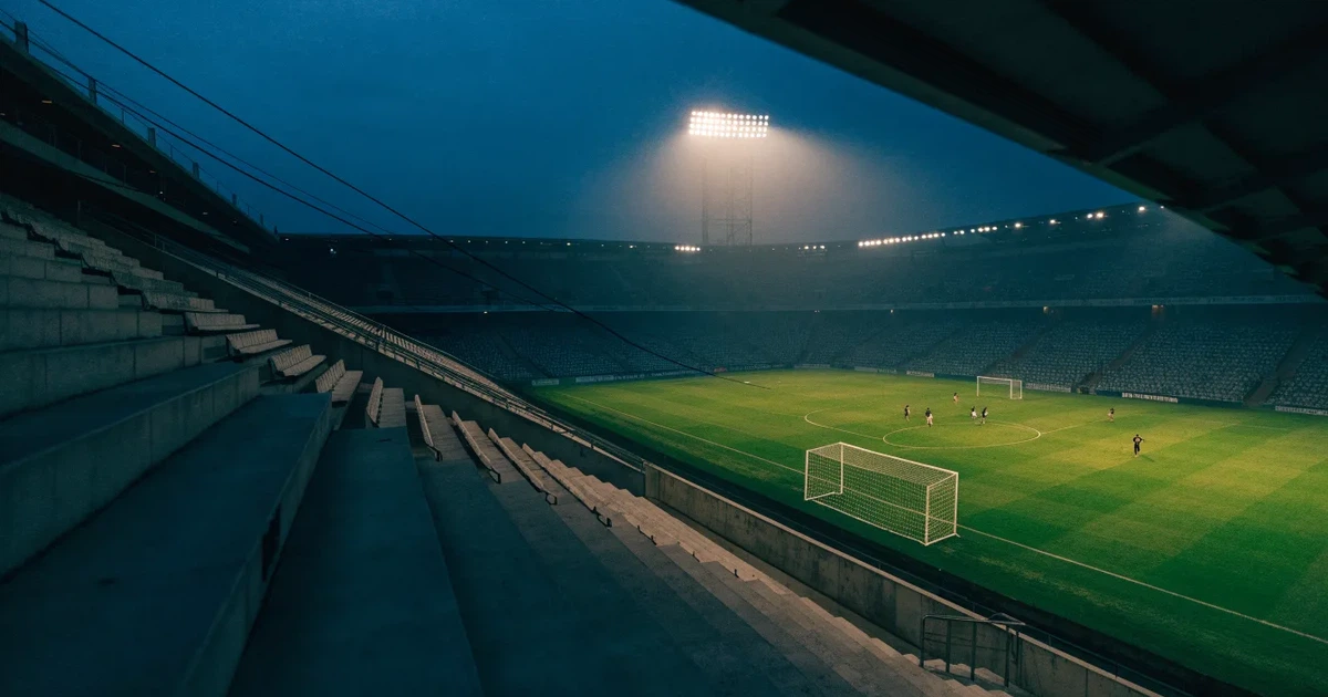 Leere Sitzreihen eines großen Stadions unter Flutlicht, dahinter die ferne Sicht auf den hell beleuchteten Rasen nach Sonnenuntergang.