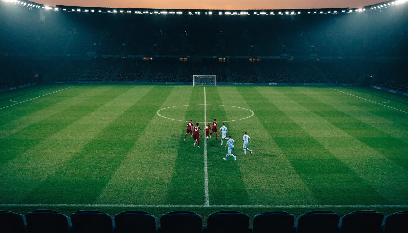 Eine leere Stadiontribüne unter Flutlicht aus der Ferne betrachtet, die Rasenfläche leuchtet grün in der Dämmerung.