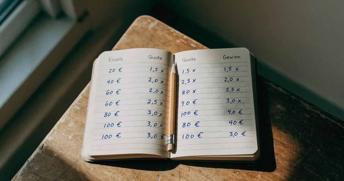 Ein aufgeschlagenes Notizbuch mit handschriftlichen Zahlenreihen und ein Bleistift liegen neben einem Taschenrechner auf einem Schreibtisch.