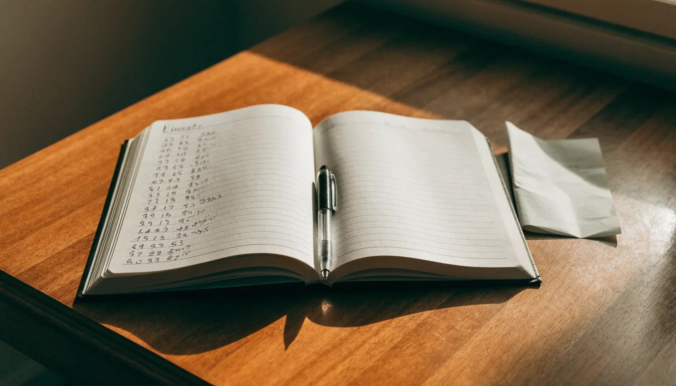 Ein Notizbuch mit handschriftlichen Rechnungen und ein Taschenrechner liegen auf einem aufgeräumten Schreibtisch in warmem Licht.