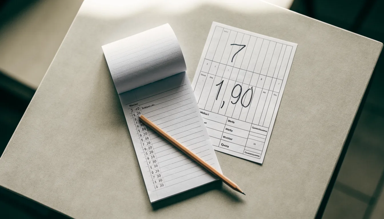 Ein Taschenrechner, ein Bleistift und ein Block mit handschriftlichen Zahlenreihen liegen auf einer grauen Arbeitsfläche.