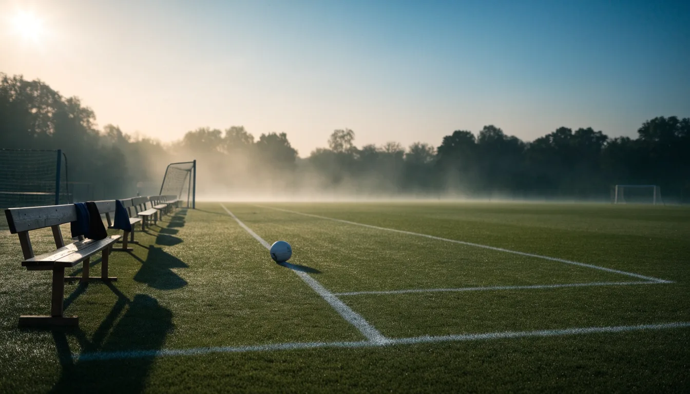 Ein Fußballplatz mit frisch gezogenen Kreidelinien im ersten Morgenlicht, leere Ersatzbänke am Spielfeldrand.