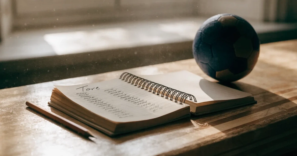 Ein Notizbuch mit handschriftlichen Strichlisten, ein Bleistift und ein kleiner Fußball liegen auf einem Schreibtisch vor einem Fenster.