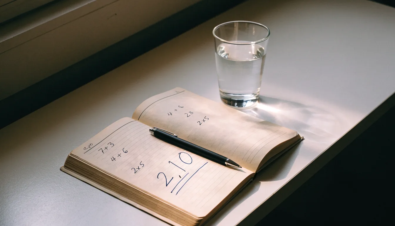 Ein Taschenrechner liegt auf einem Schreibtisch neben einem Block mit handschriftlichen Rechnungen und einem Glas Wasser.