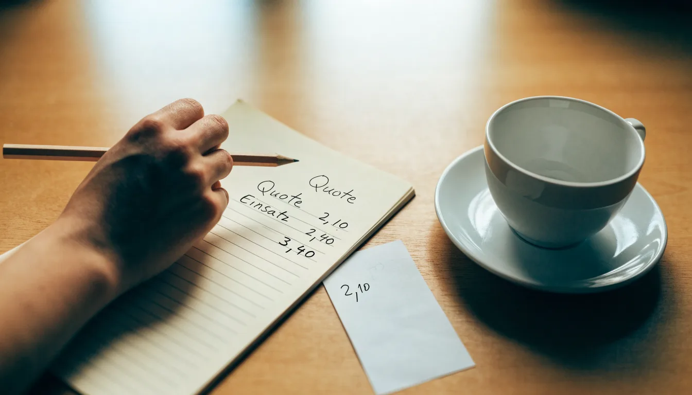 Ein Schreibtisch mit Taschenrechner, Bleistift und einem Block voller handschriftlicher Rechnungen, daneben eine Tasse Tee.