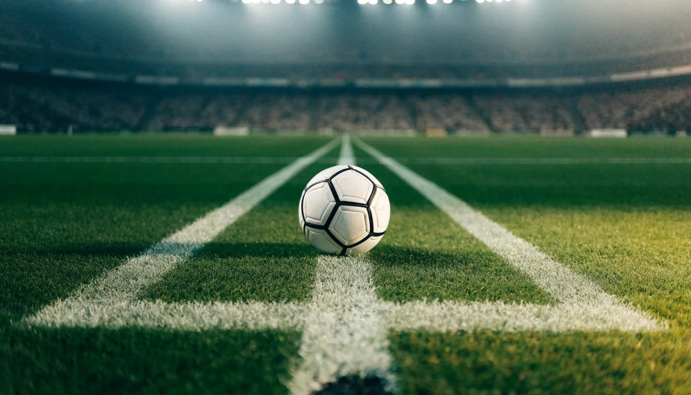 Ein Fußball liegt auf dem Rasen im Mittelkreis, die Kreidelinien führen scharf ins Bild, dahinter verschwimmt eine Tribüne.