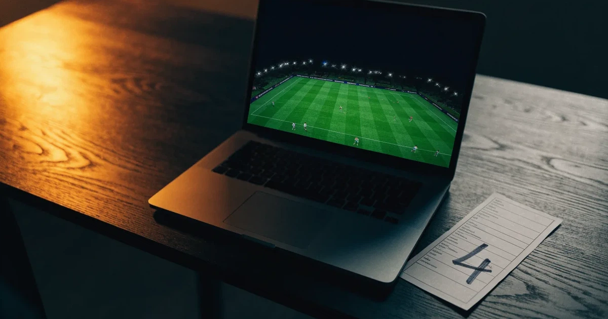 Ein großes Stadion bei Nacht, aus der Ferne unter Flutlicht gesehen, die Ränge hell erleuchtet, der Rasen leuchtend grün.