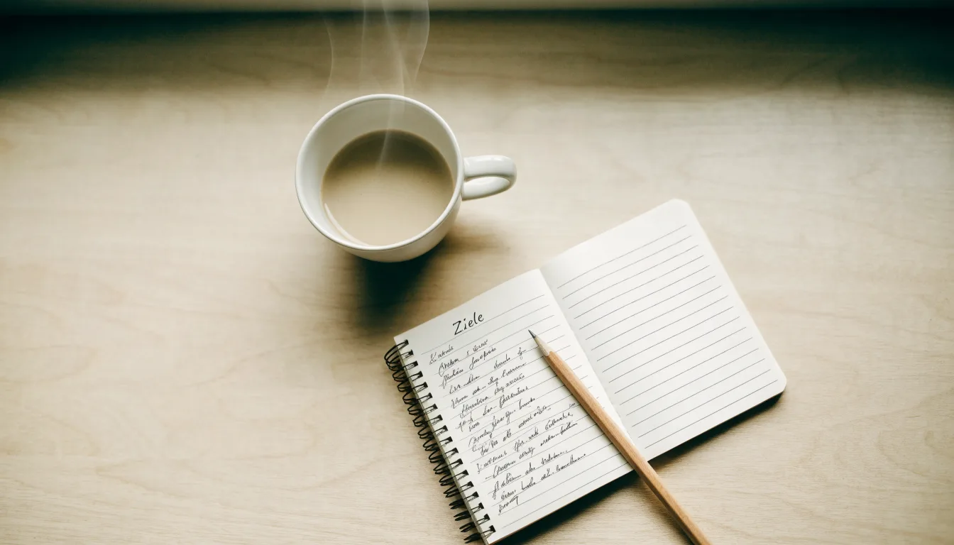 Ein aufgeschlagenes Notizbuch mit handgeschriebenen Stichpunkten und ein Bleistift liegen neben einer Kaffeetasse auf einem hellen Holztisch.