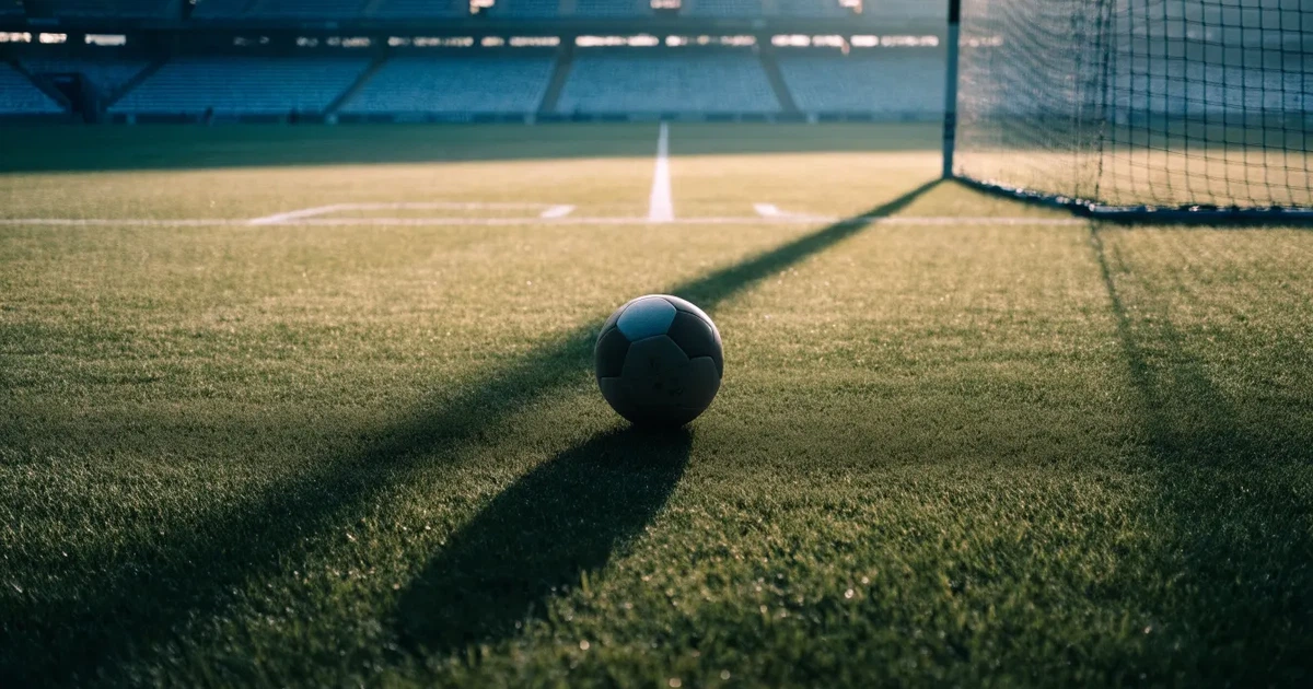 Ein Fußball liegt auf dem Mittelkreis eines Stadionrasens am frühen Morgen, im Hintergrund leere Ränge ohne erkennbare Beschriftung.
