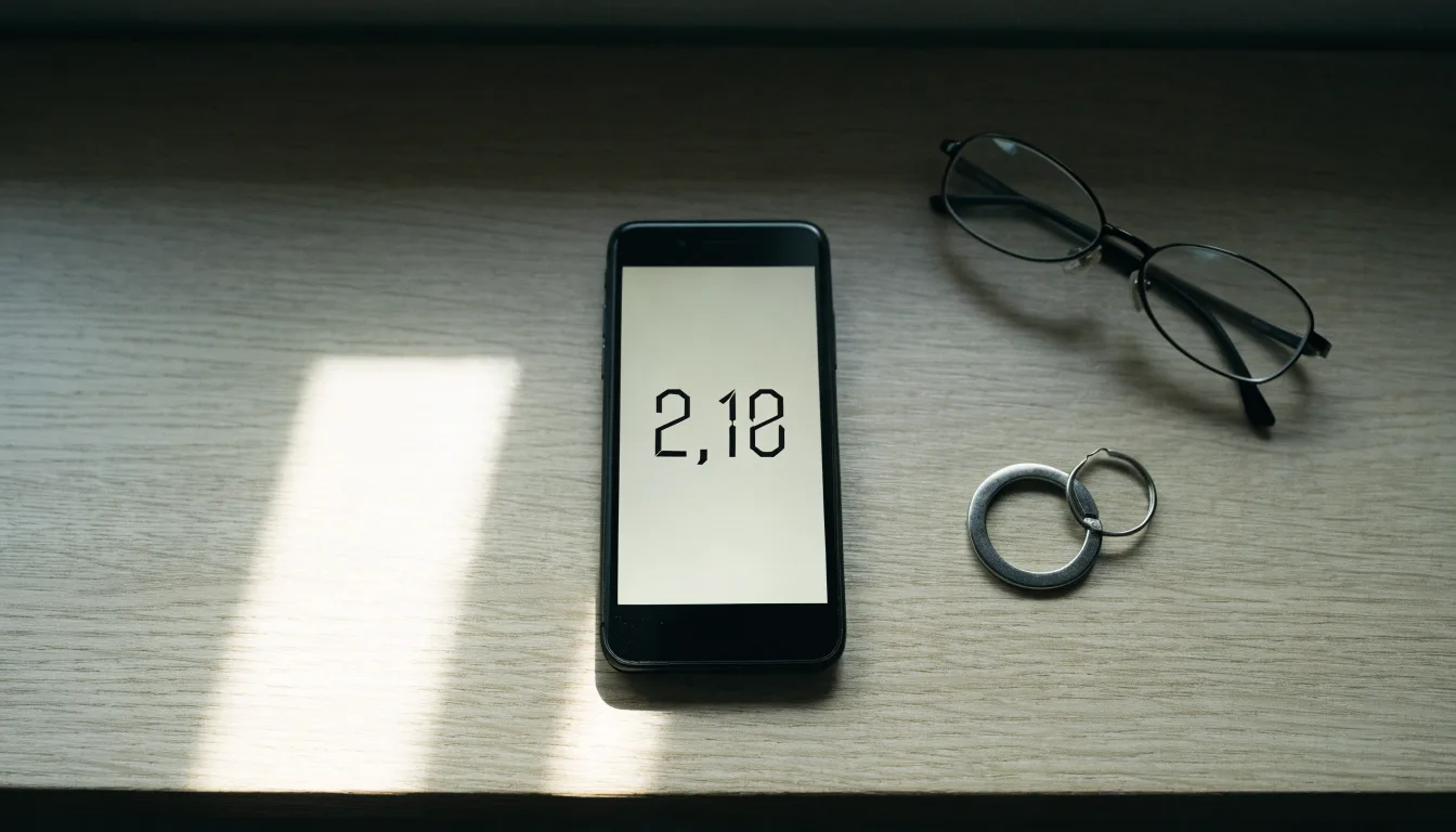 Ein Smartphone liegt mit dunklem Display auf einem Holztisch neben einem Schlüsselbund und einer Brille im Licht eines Fensters.