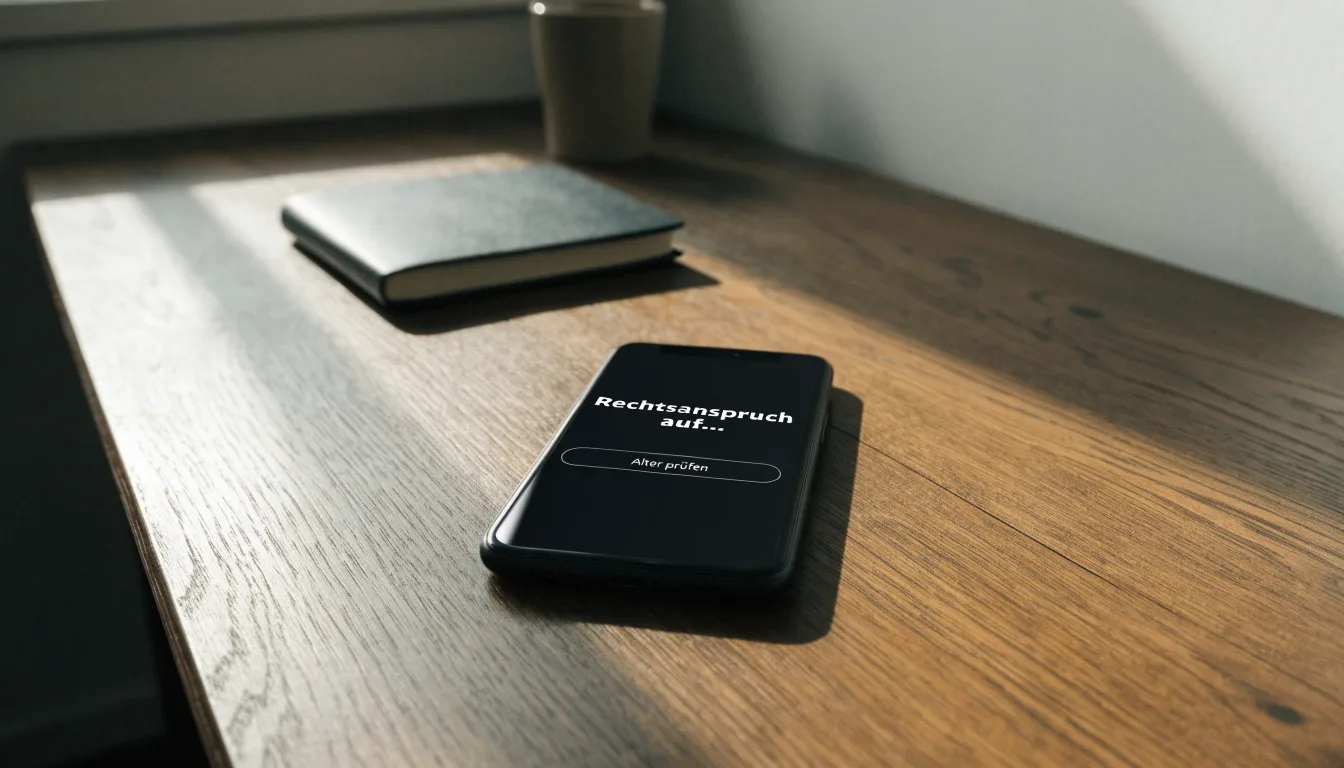 Ein Smartphone liegt mit dunklem Display auf einem Schreibtisch neben einem Notizbuch und einer Kaffeetasse.