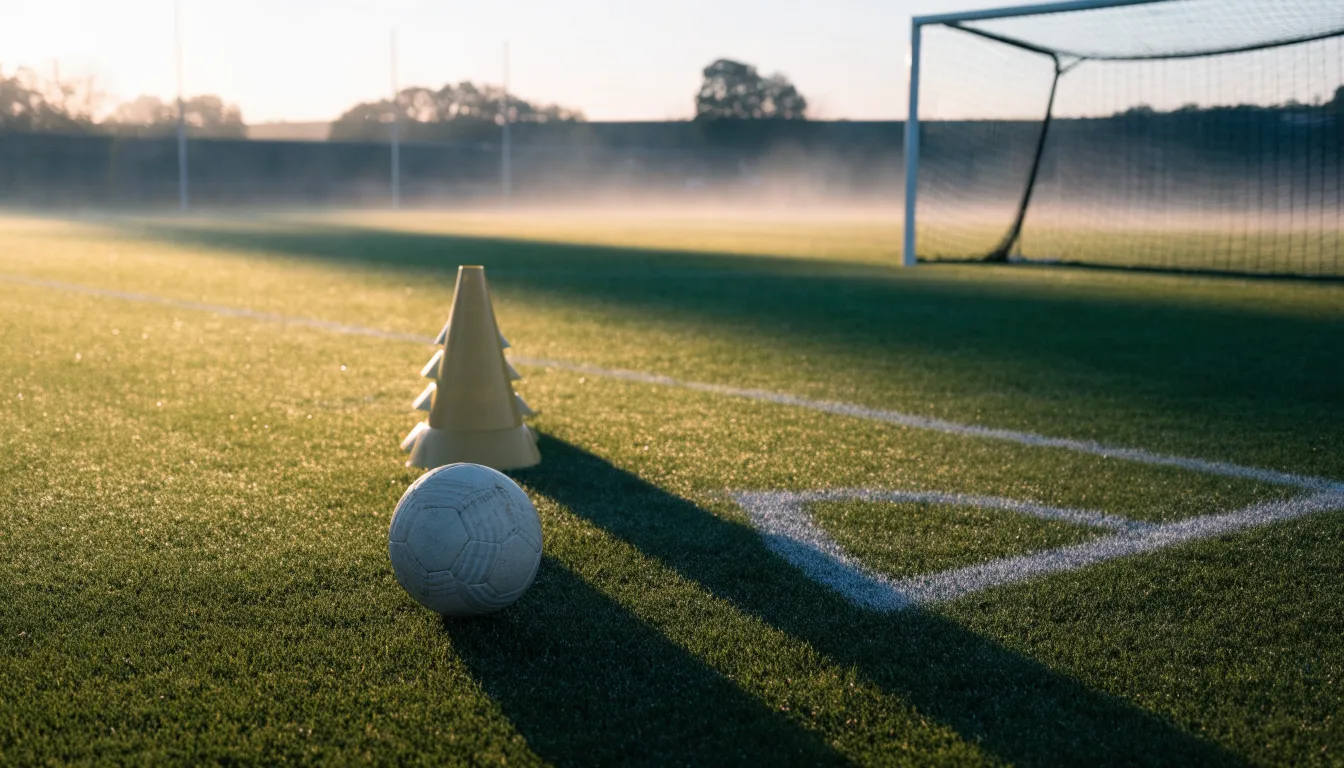 Ein Fußball liegt auf einem Rasenplatz bei Sonnenaufgang, daneben ein kleiner Stapel Trainingshütchen.