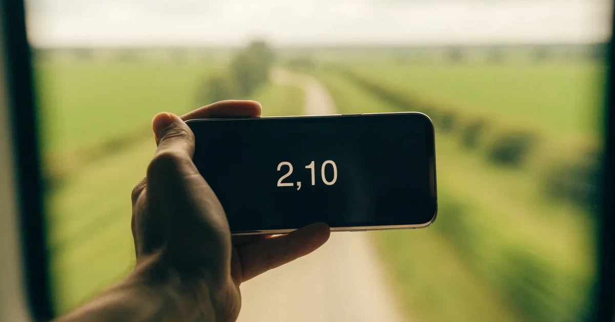Eine Hand hält ein Smartphone mit dunklem Display in einem Zug, am Fenster ziehen verschwommen Felder vorbei.