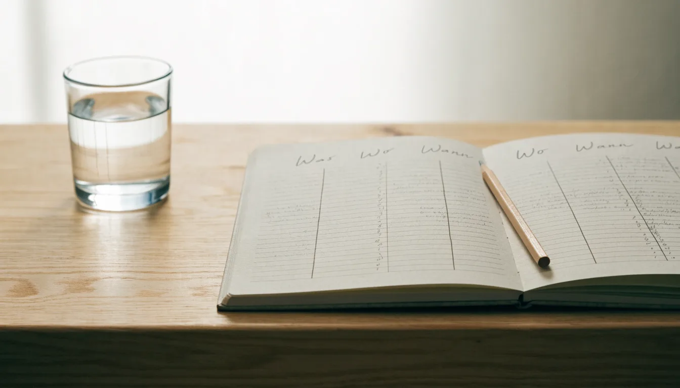 Ein Notizbuch mit handgezeichneten Spalten und ein Bleistift liegen auf einem hellen Holztisch neben einem Glas Wasser.