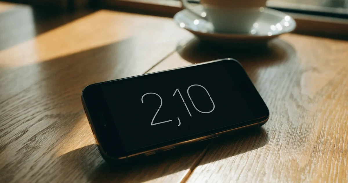 Eine Hand hält ein Smartphone mit dunklem Display, im Hintergrund unscharf ein Café-Tisch mit einer Tasse.