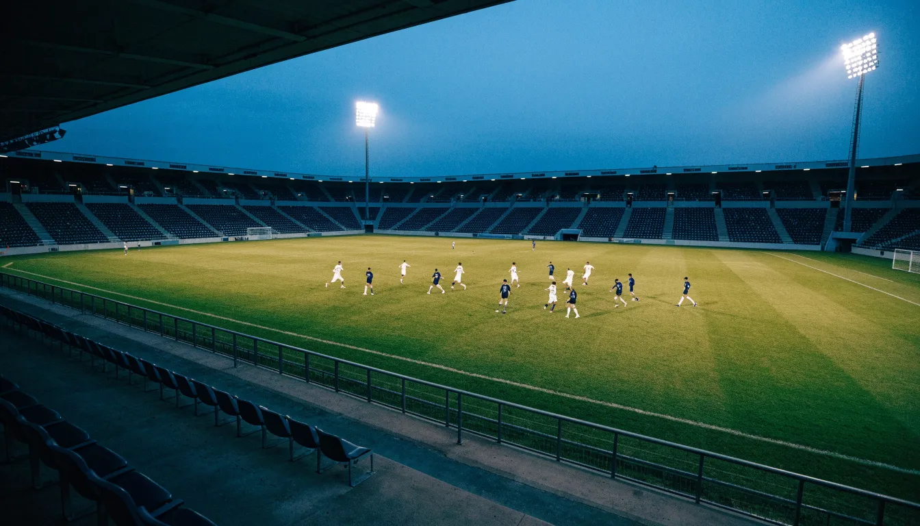 Eine leere Stadiontribüne unter Flutlicht aus der Ferne betrachtet, die Rasenfläche leuchtet grün in der Dämmerung.
