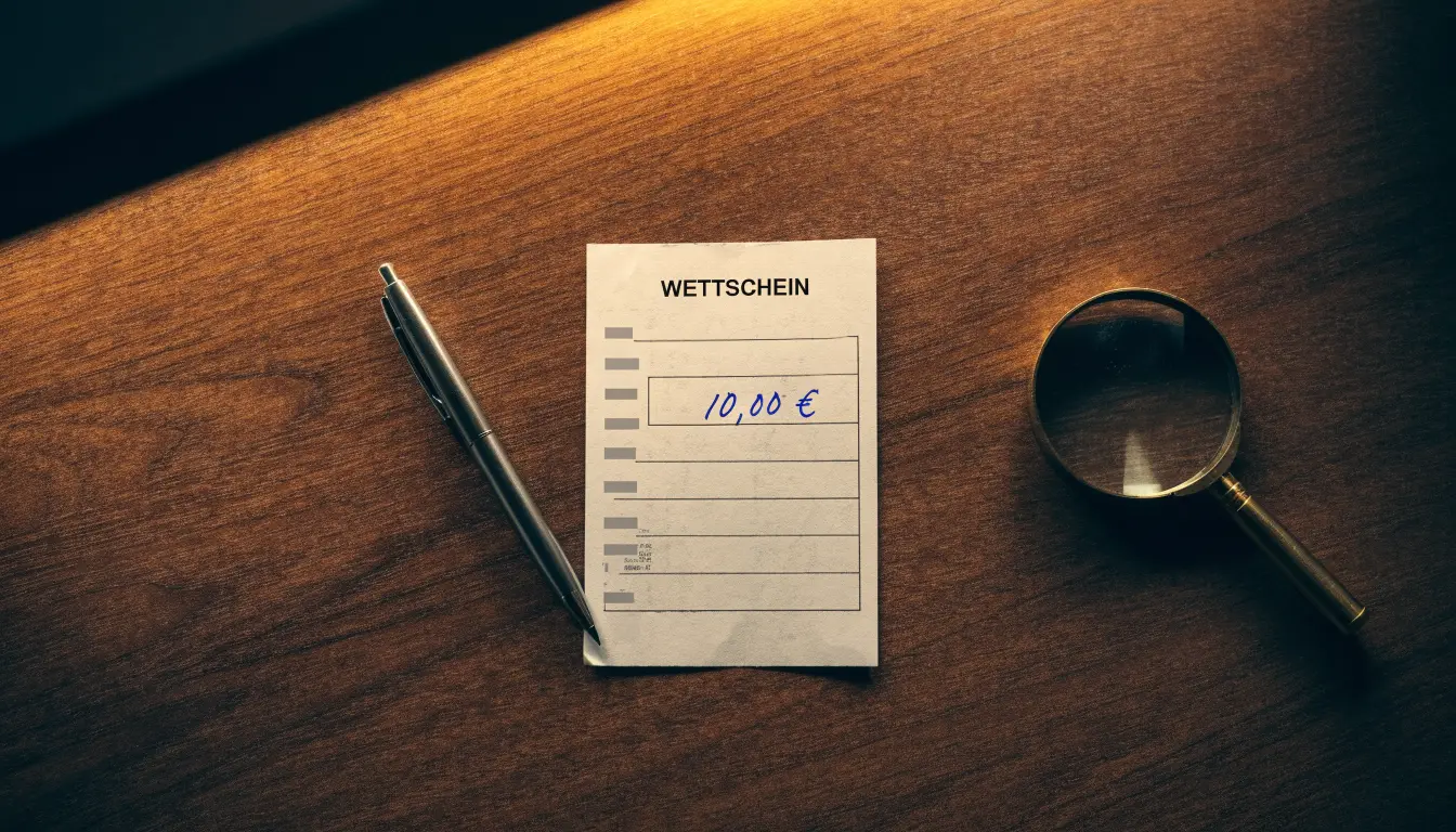 Ein leerer Wettschein aus Papier und ein Kugelschreiber liegen auf einem Schreibtisch neben einer Lupe.