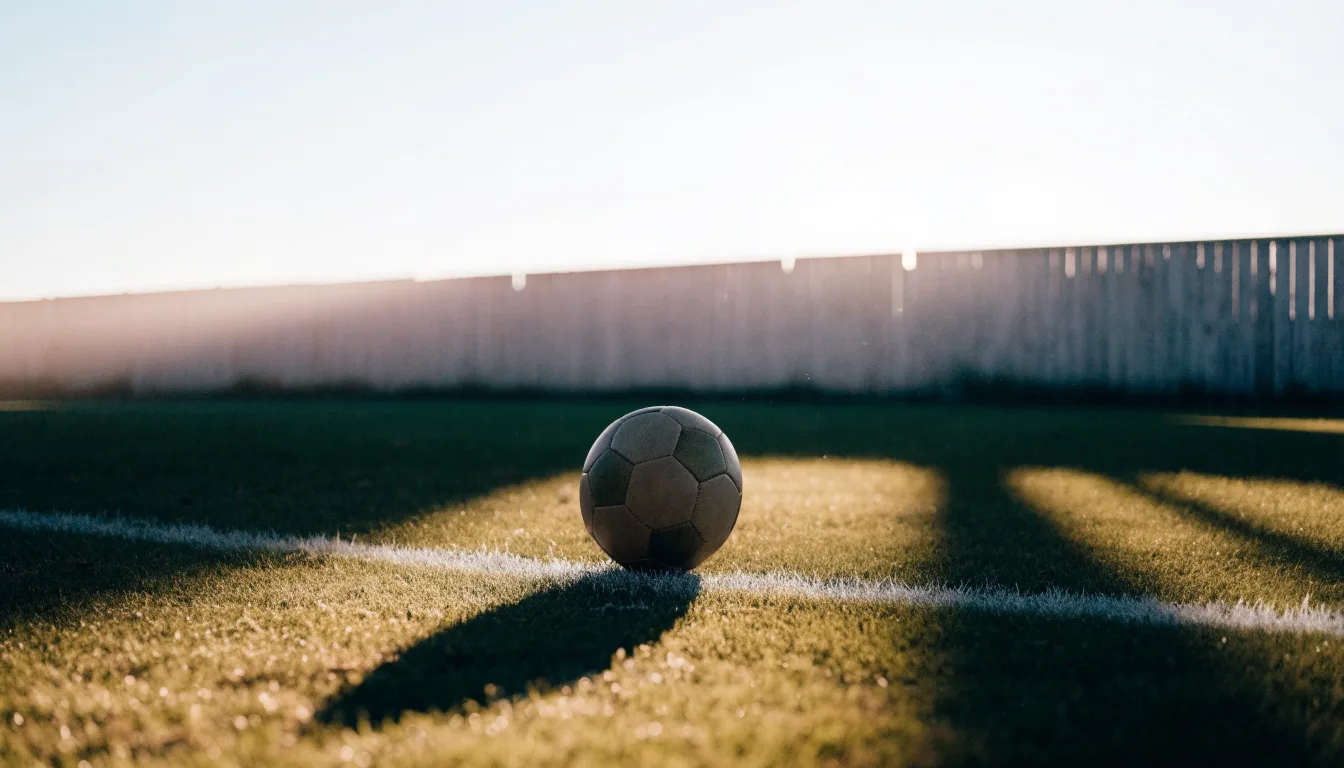 Ein Fußball liegt am Rand eines Rasens neben einer weißen Linie, im Hintergrund ein Zaun in der Abendsonne.